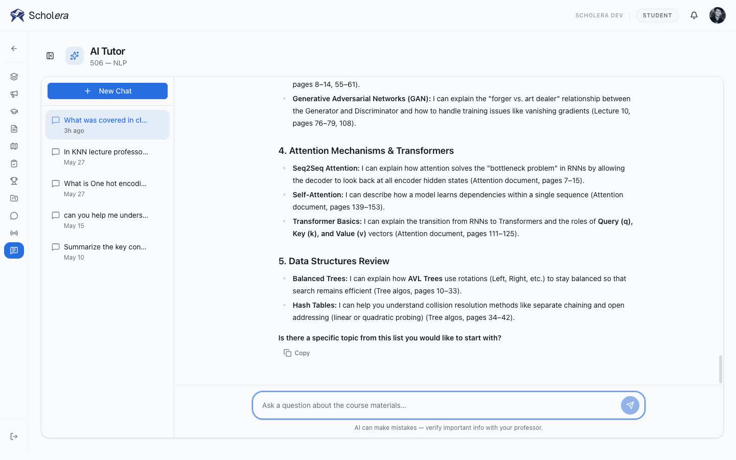 AI study guide walking a student through course topics with references to specific lecture pages