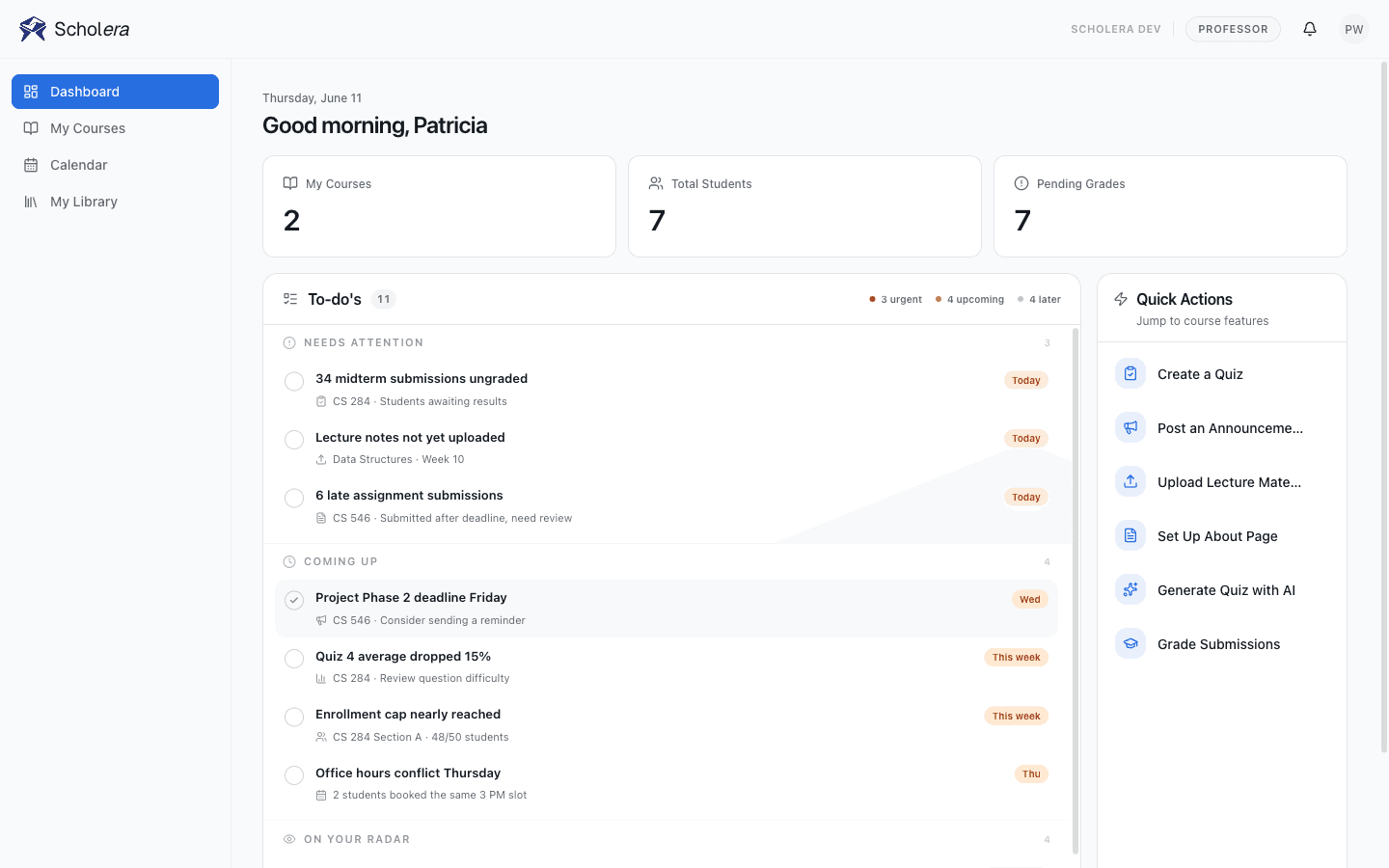 Professor dashboard with to-dos, quick actions, and course metrics