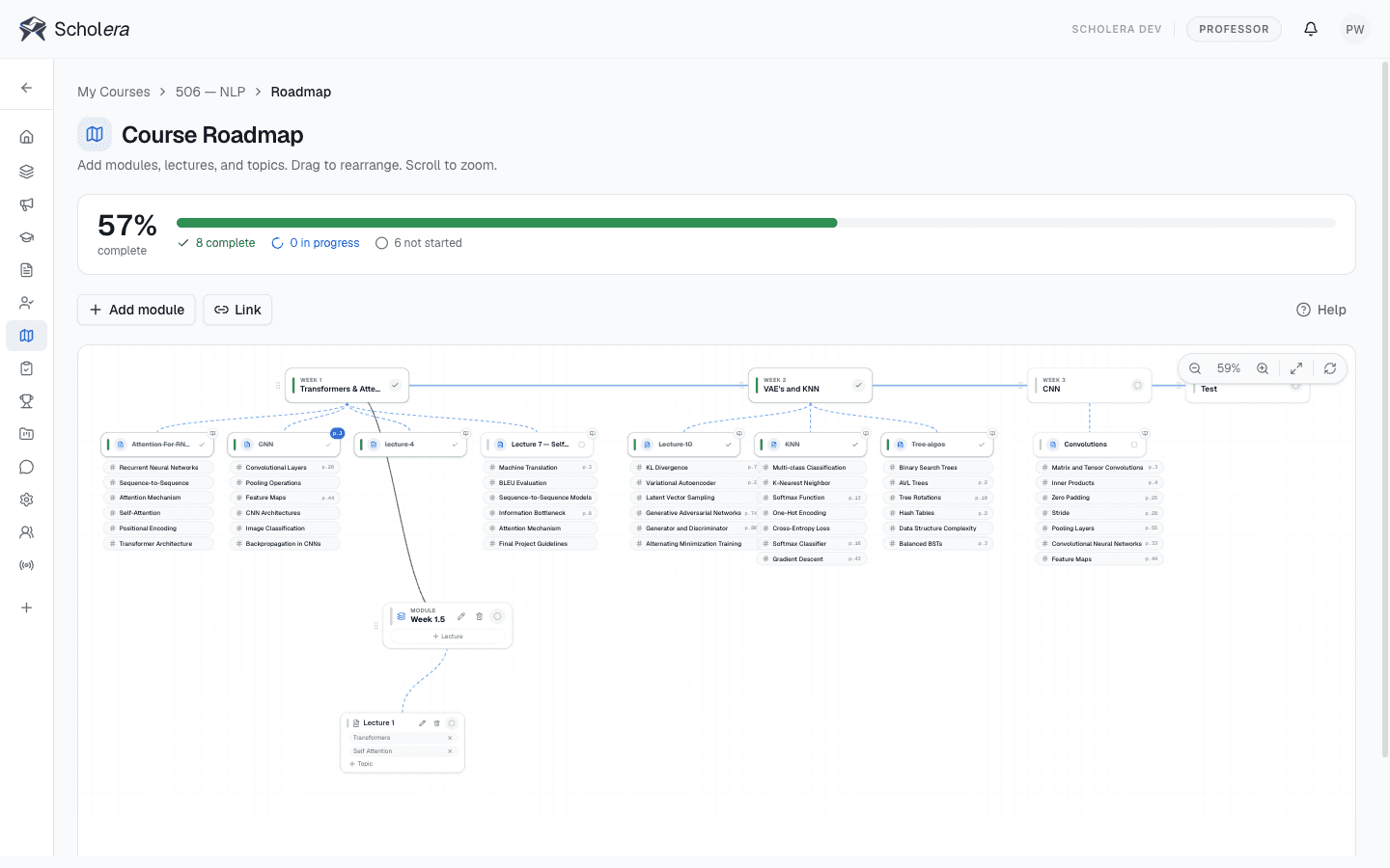 Course roadmap: an interactive map of modules, lectures, and topics with completion states