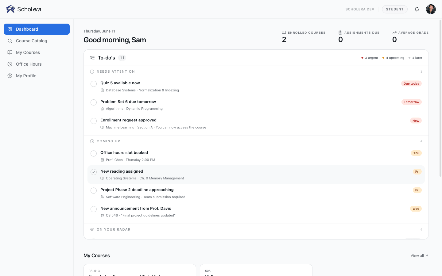 The Scholera student dashboard: courses, to-dos, and grades in one view